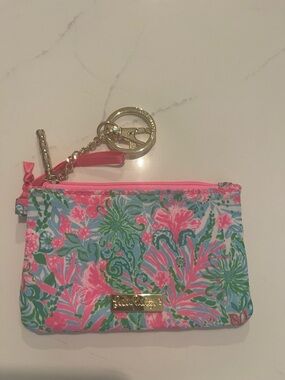 Lilly Pulitzer Pink Aqua Floral Zip Key Pouch with Gold Ring